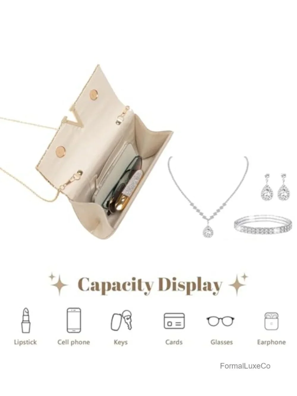 Rhinestone Clutch Purse with Jewelry Set for Wedding Party Evening Bag
